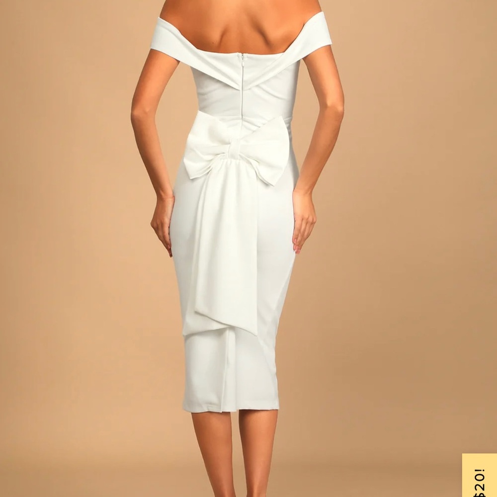 White off shoulder midi dress with bow